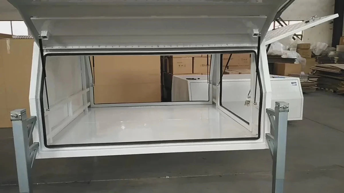 Interior view of the 201112 aluminum canopy toolbox with large access door open