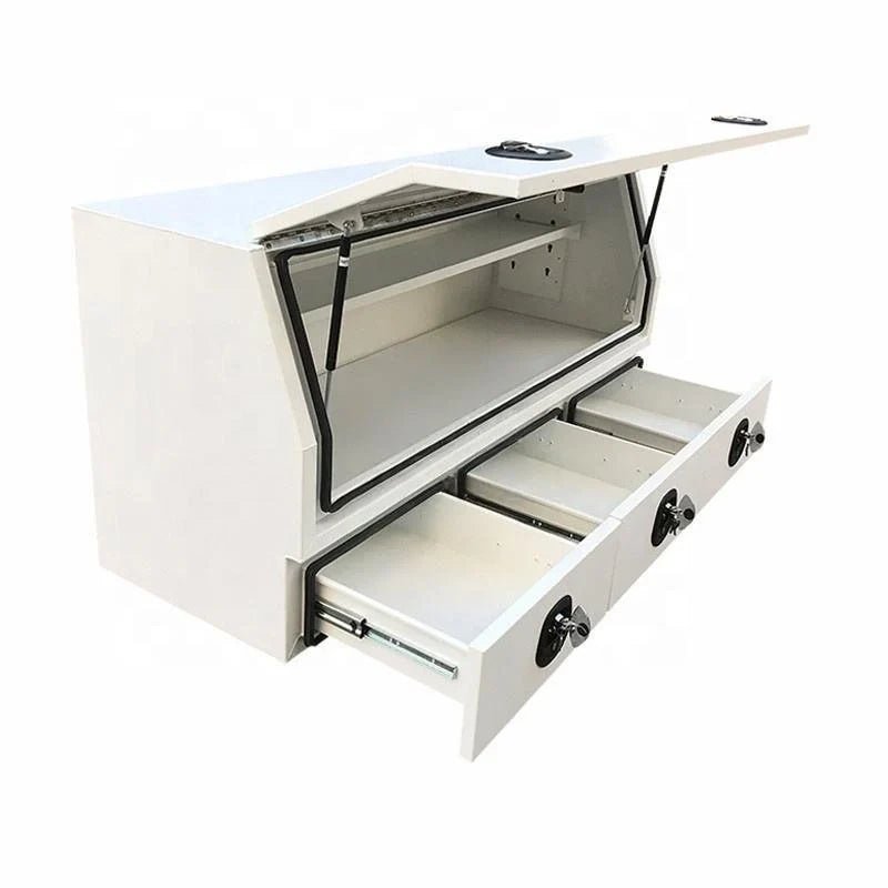 Silver custom aluminum ute canopy tool box with open gas-strut lid and three storage drawers