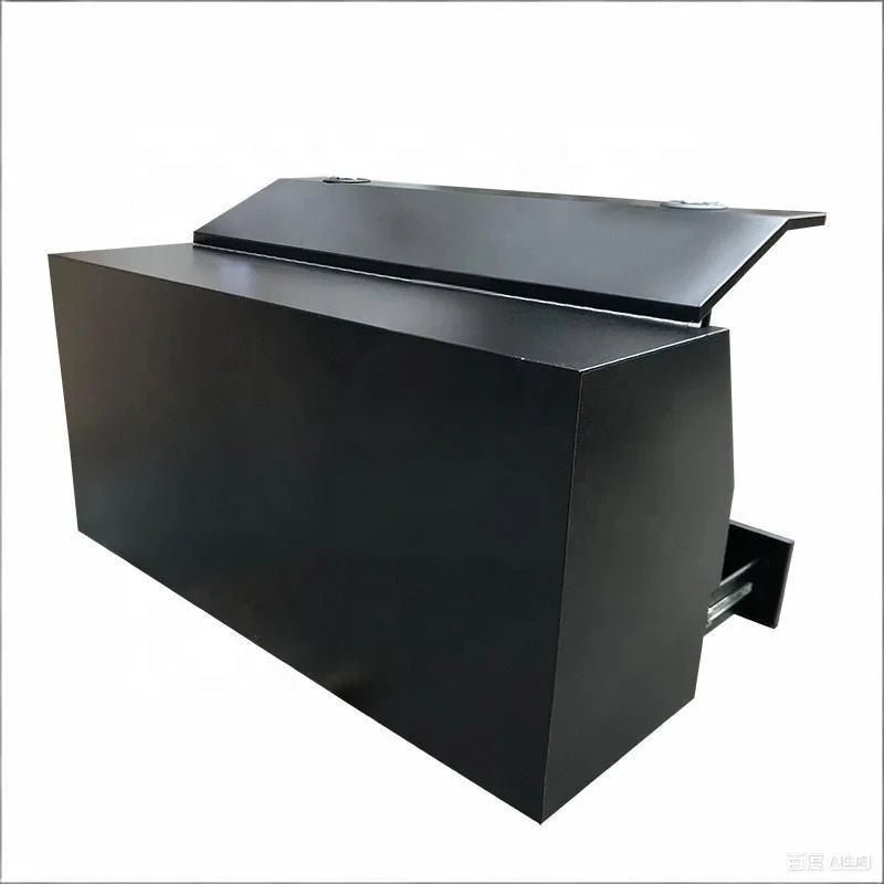 Rear three-quarter view of black aluminum canopy tool box with top lid open and drawer extended