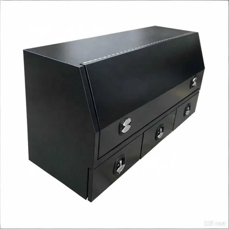 Three-quarter view of closed black canopy tool chest with upper compartment and drawer bank