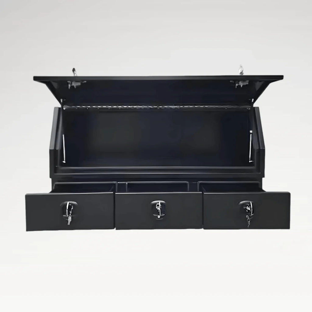 LANSHUO 201120 black aluminum ute canopy tool box with open top compartment and three drawers