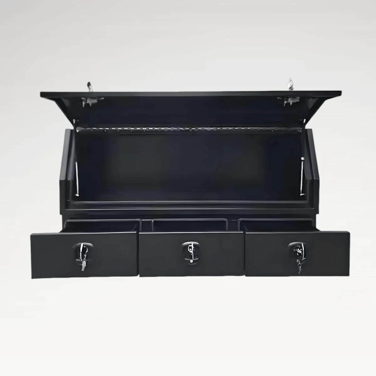 LANSHUO 201120 black aluminum ute canopy tool box with open top compartment and three drawers