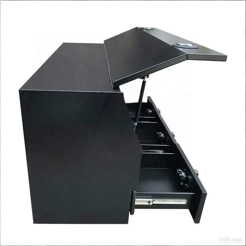 Side view of 201120 canopy box showing raised lid and three fully extended storage drawers