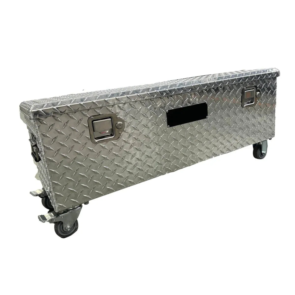 Closed diamond plate mobile tool chest with side handles, dual locks and four swivel casters