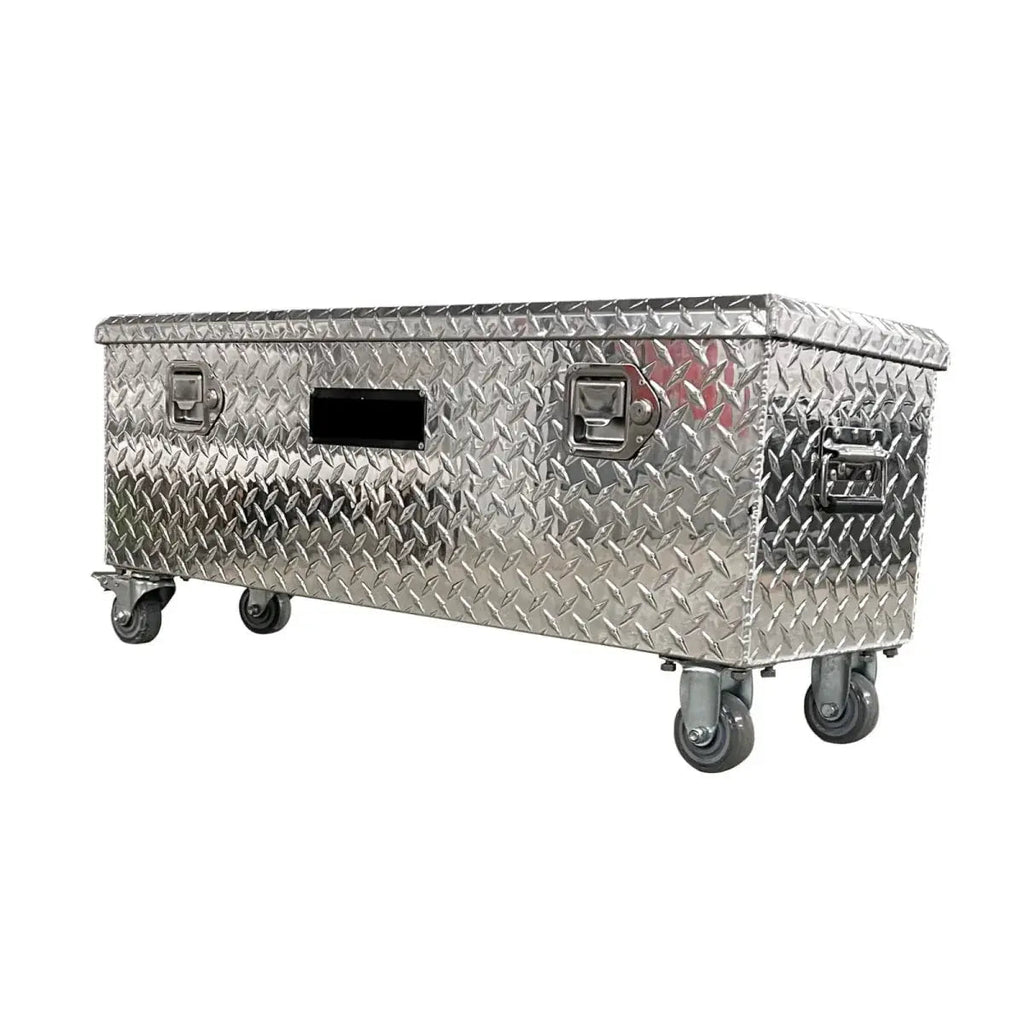 Long diamond plate rolling tool chest with lockable lid, side handles and six caster wheels