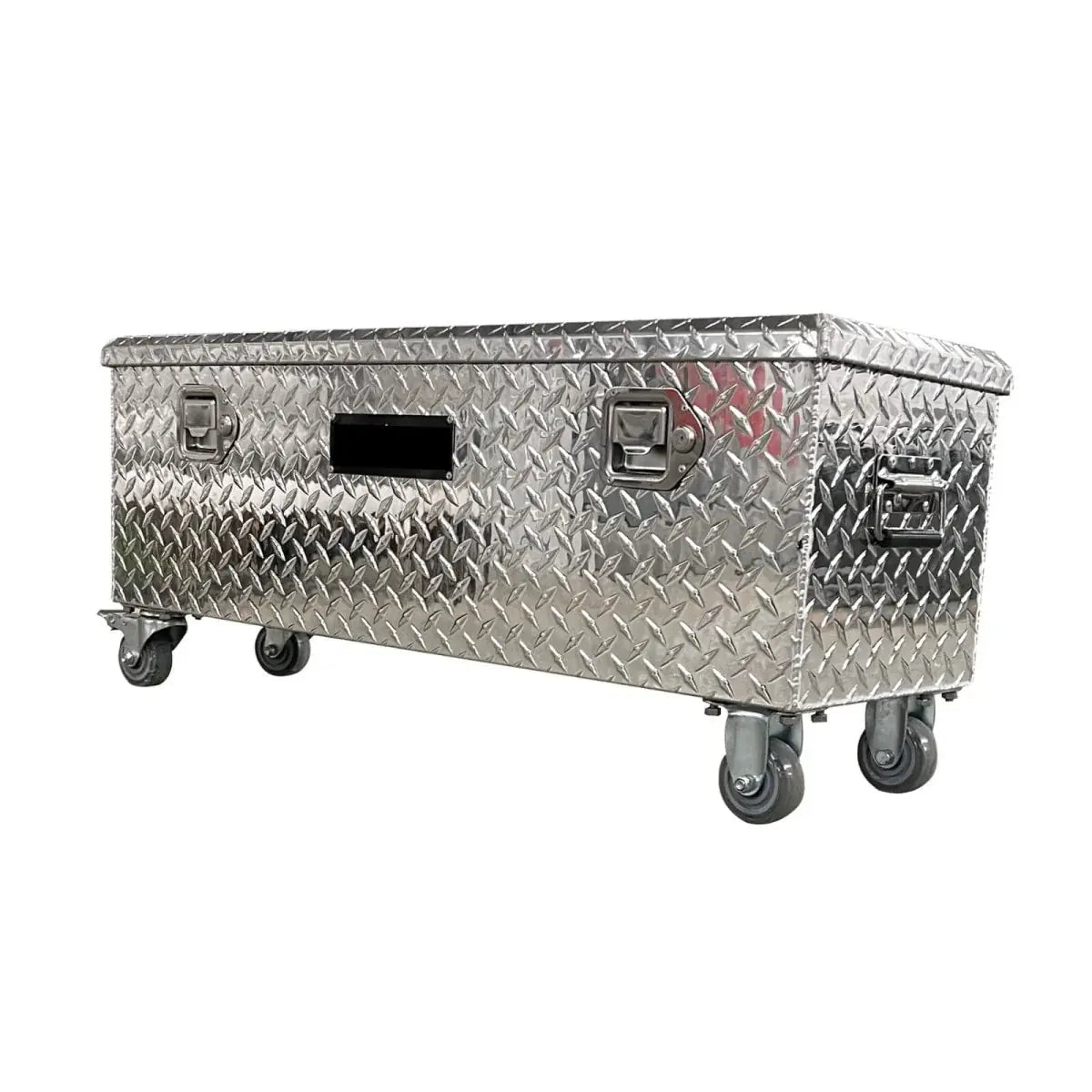 Long diamond plate rolling tool chest with lockable lid, side handles and six caster wheels