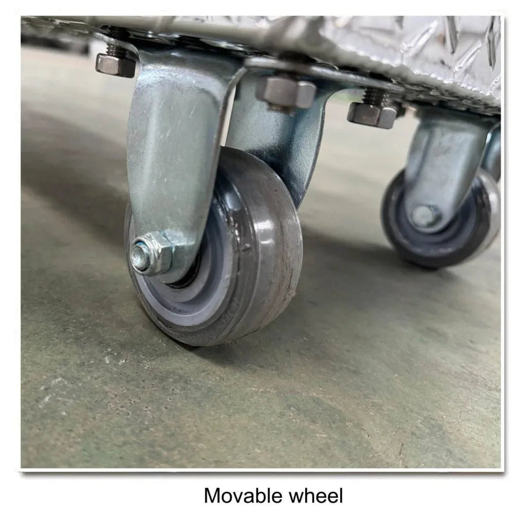Close-up of heavy-duty swivel caster wheels fitted to the 201130 mobile aluminum tool box