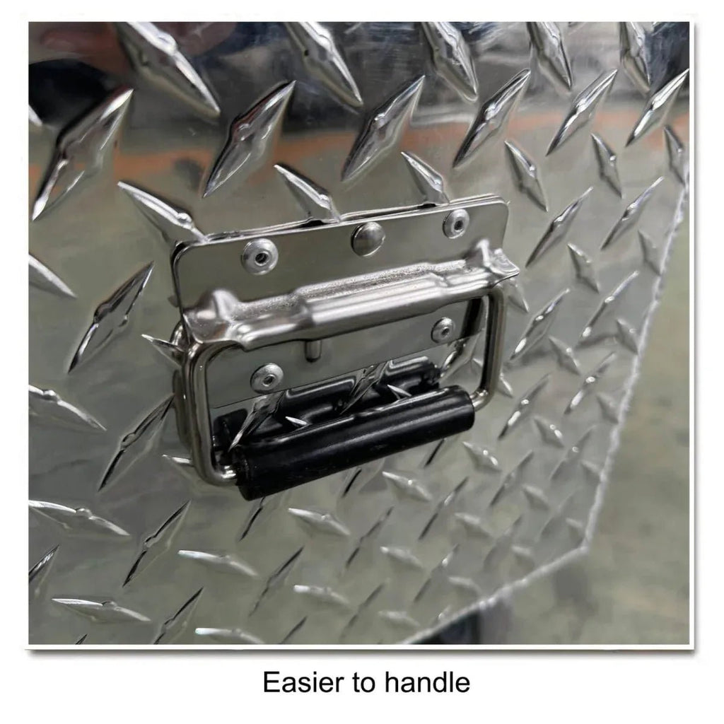 Fold-down side carrying handle detail on the 201130 diamond plate mobile tool box