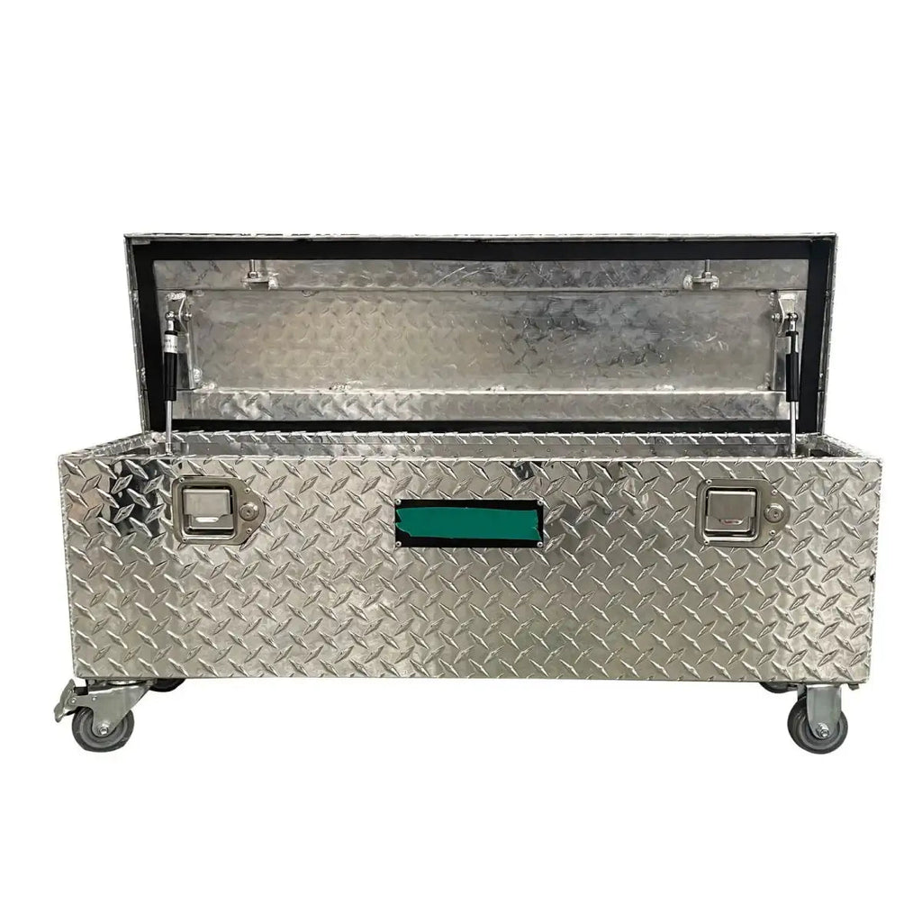 Front view of open 201130 rolling aluminum tool box with two recessed locks and caster wheels