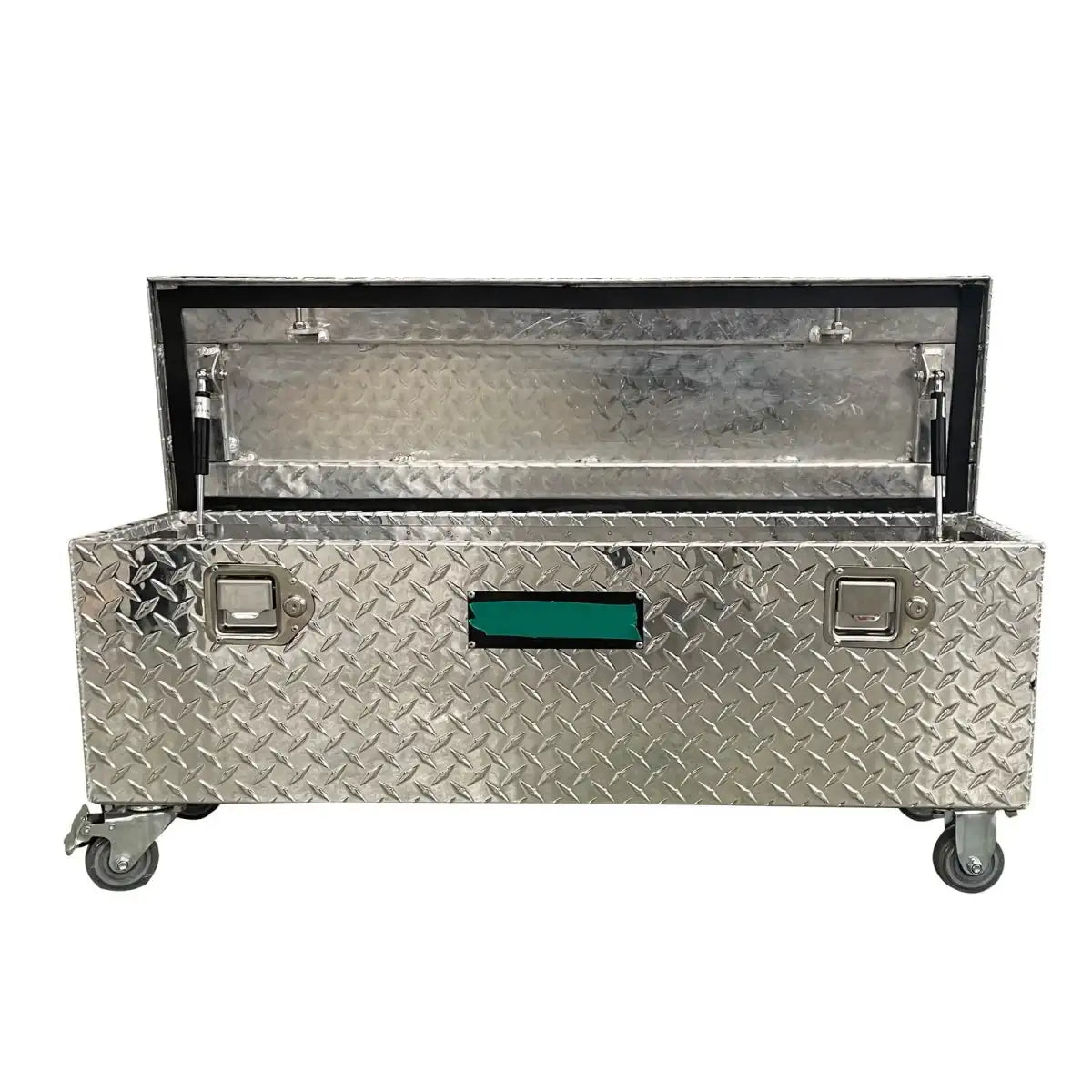 Front view of open 201130 rolling aluminum tool box with two recessed locks and caster wheels