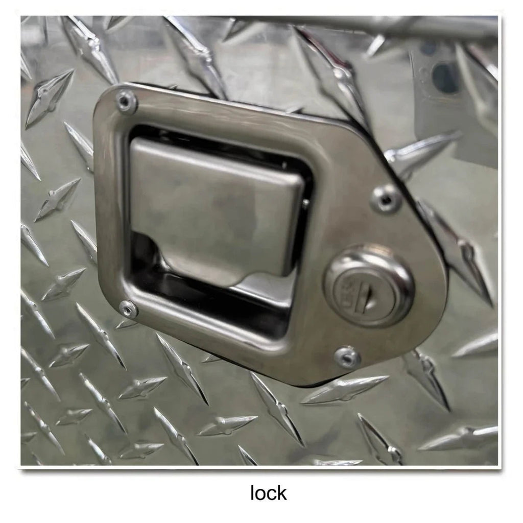 Recessed locking paddle latch detail on the aluminum rolling truck tool chest