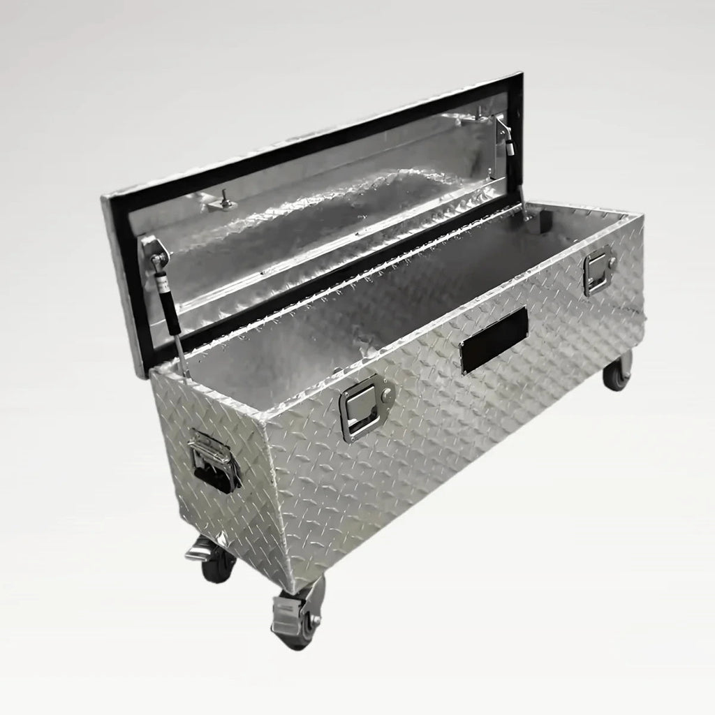 LANSHUO 201130 mobile aluminum truck tool box with open lid, recessed handles and caster wheels