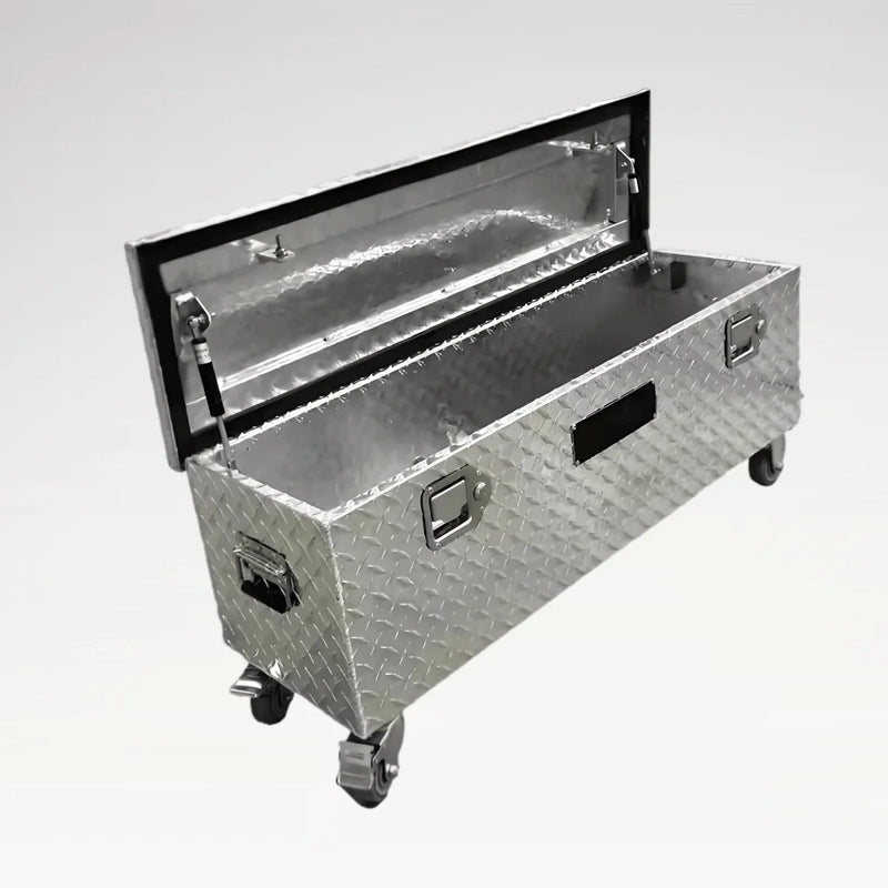 LANSHUO 201130 mobile aluminum truck tool box with open lid, recessed handles and caster wheels