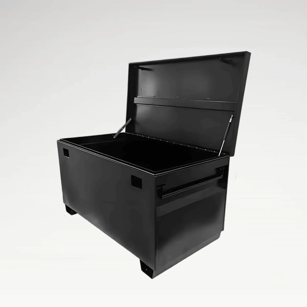 LANSHUO 202001 heavy-duty black steel jobsite tool box with open reinforced lid and forklift feet