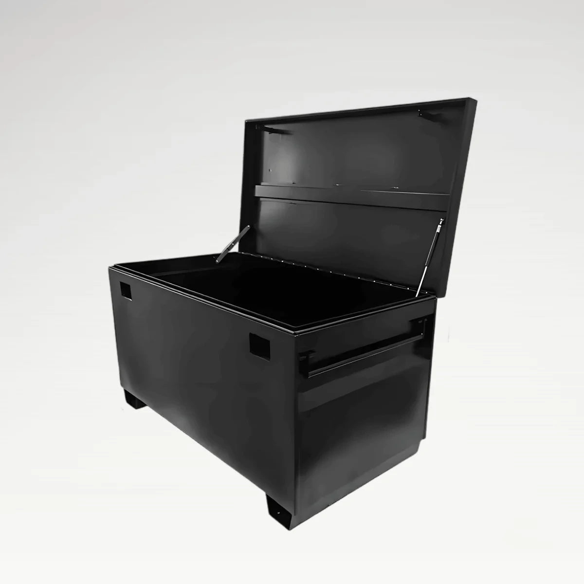 LANSHUO 202001 heavy-duty black steel jobsite tool box with open reinforced lid and forklift feet