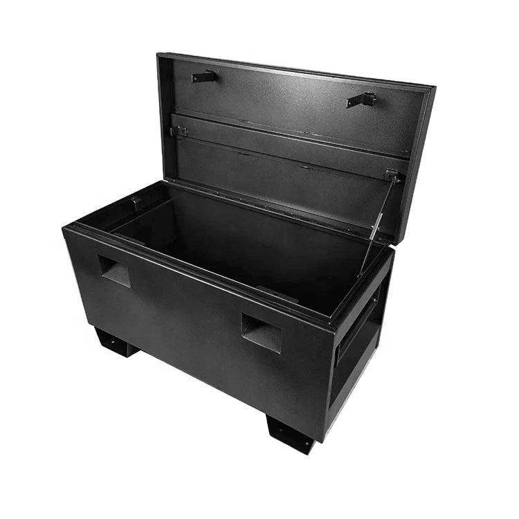 Open black 60-inch steel jobsite box with deep storage compartment and recessed side handles