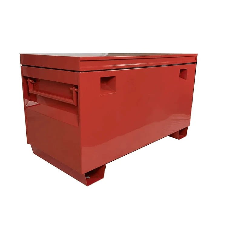 Red powder-coated 202001 steel jobsite tool box with recessed handles and raised forklift base