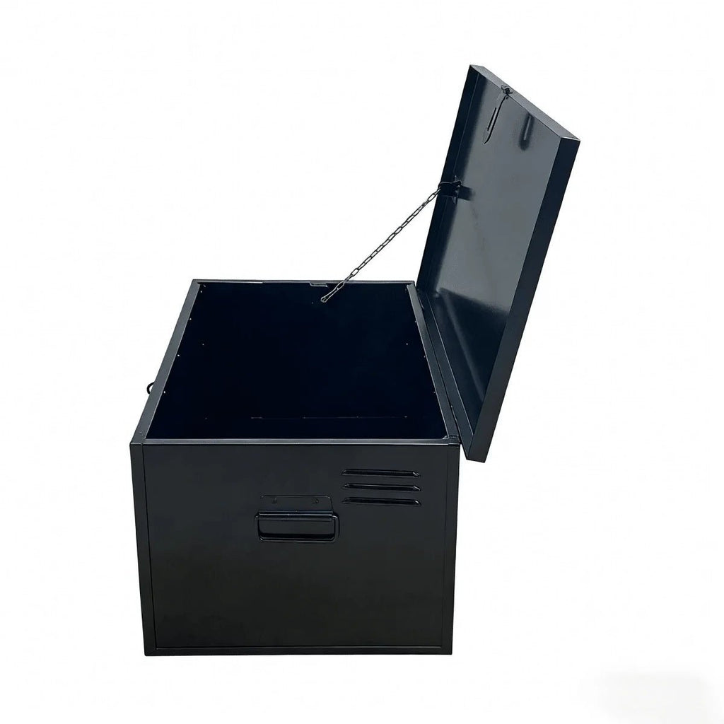 Side view of open black heavy-duty metal truck tool box with ventilation slots and carry handle