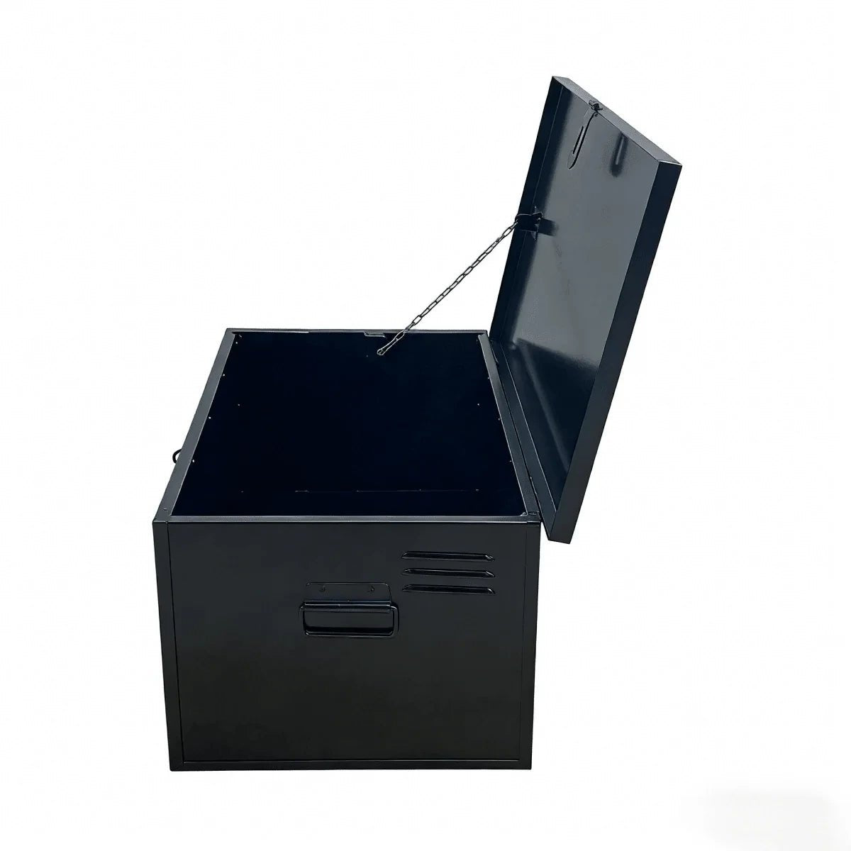 Side view of open black heavy-duty metal truck tool box with ventilation slots and carry handle