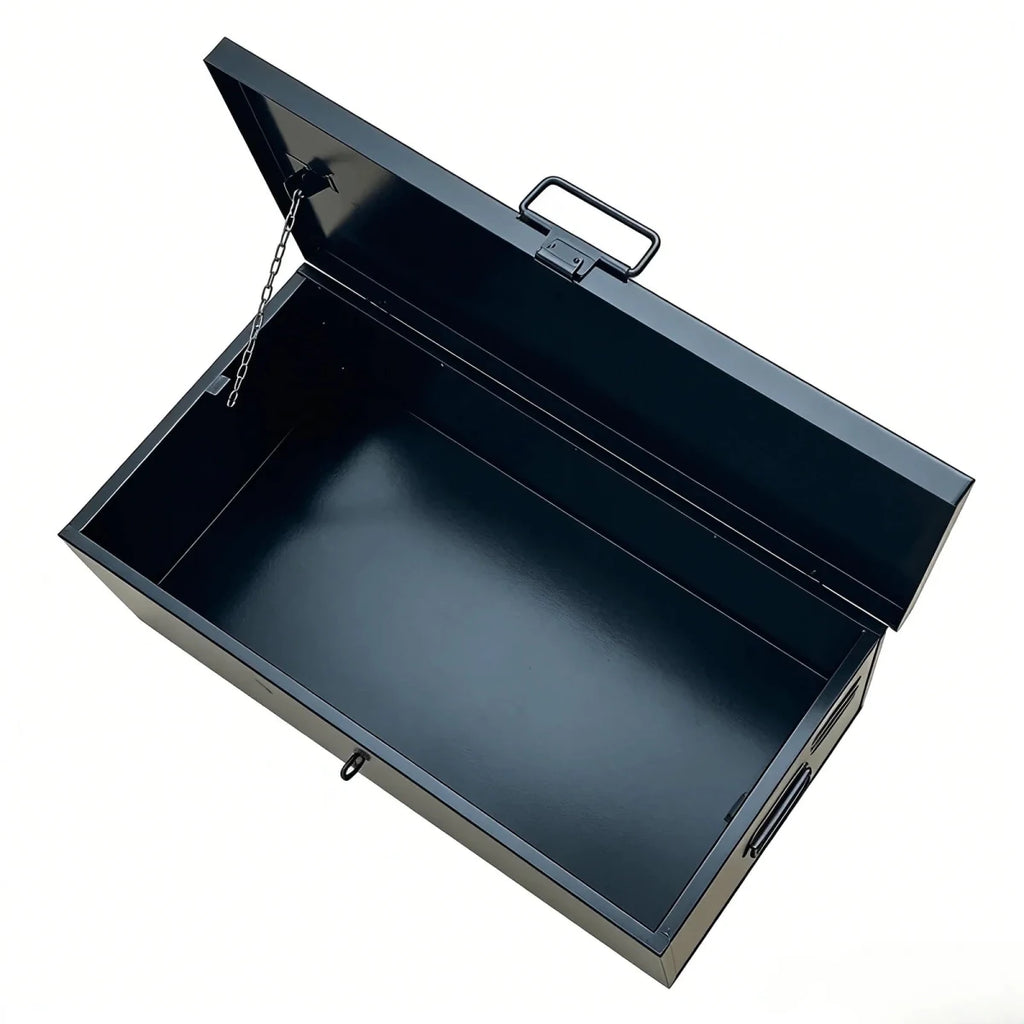 Top view inside the 202004 steel tool box showing reinforced lid, chain support and storage space