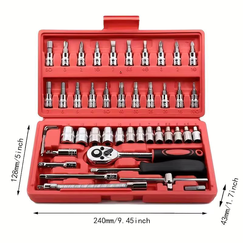 46-Piece 1/4-Inch Industrial Grade Chrome Vanadium Steel Socket & Ratchet Wrench Set | Metric Bit Socket Kit with Extension Bar for Auto Repair | Model RW-4