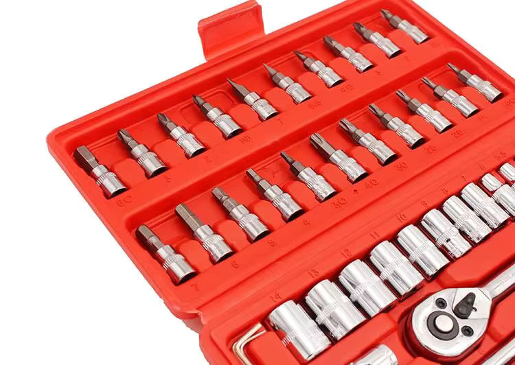 46-Piece 1/4-Inch Industrial Grade Chrome Vanadium Steel Socket & Ratchet Wrench Set | Metric Bit Socket Kit with Extension Bar for Auto Repair | Model RW-4