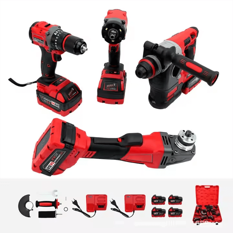 4-in-1 Cordless Lithium Battery Power Tool Combo Kit | Includes Rotary Hammer, Angle Grinder, Impact Wrench & Electric Drill | Industrial Heavy-Duty Repair Tool Set with Hard Case | Model GJTZ-33