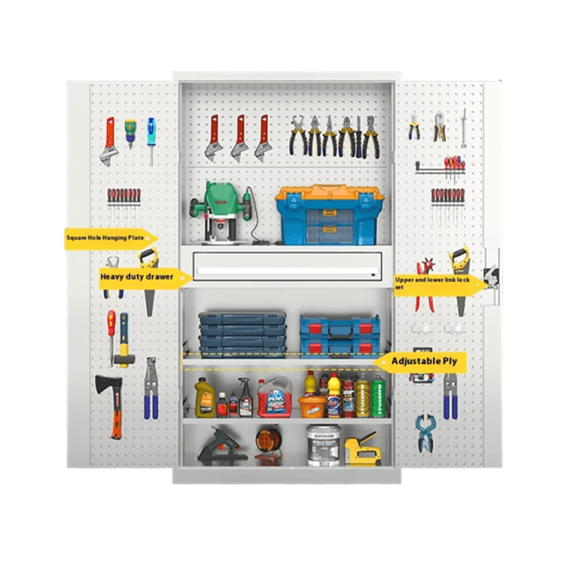 PBD-30 Industrial Metal Tool Organizer Cabinet | High-Capacity Pegboard Maintenance Storage | 100KG Capacity Customizable Workshop System with 3 Drawers & Adjustable Shelves