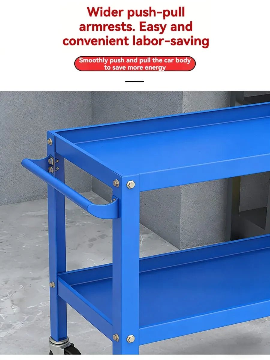 Close-up of wide push-pull handle on LANSHUO blue three-layer mobile workshop cart
