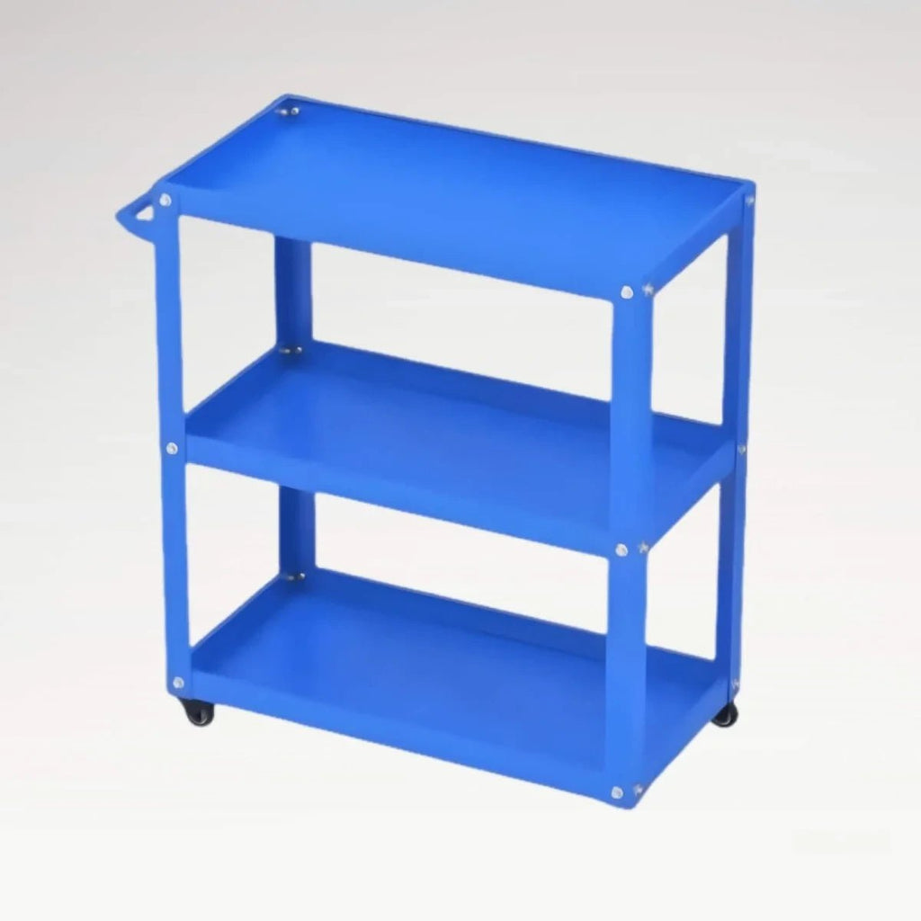 LANSHUO GJC09-GJC20 blue three-layer mobile tool cart with tray shelves, push handle and caster wheels