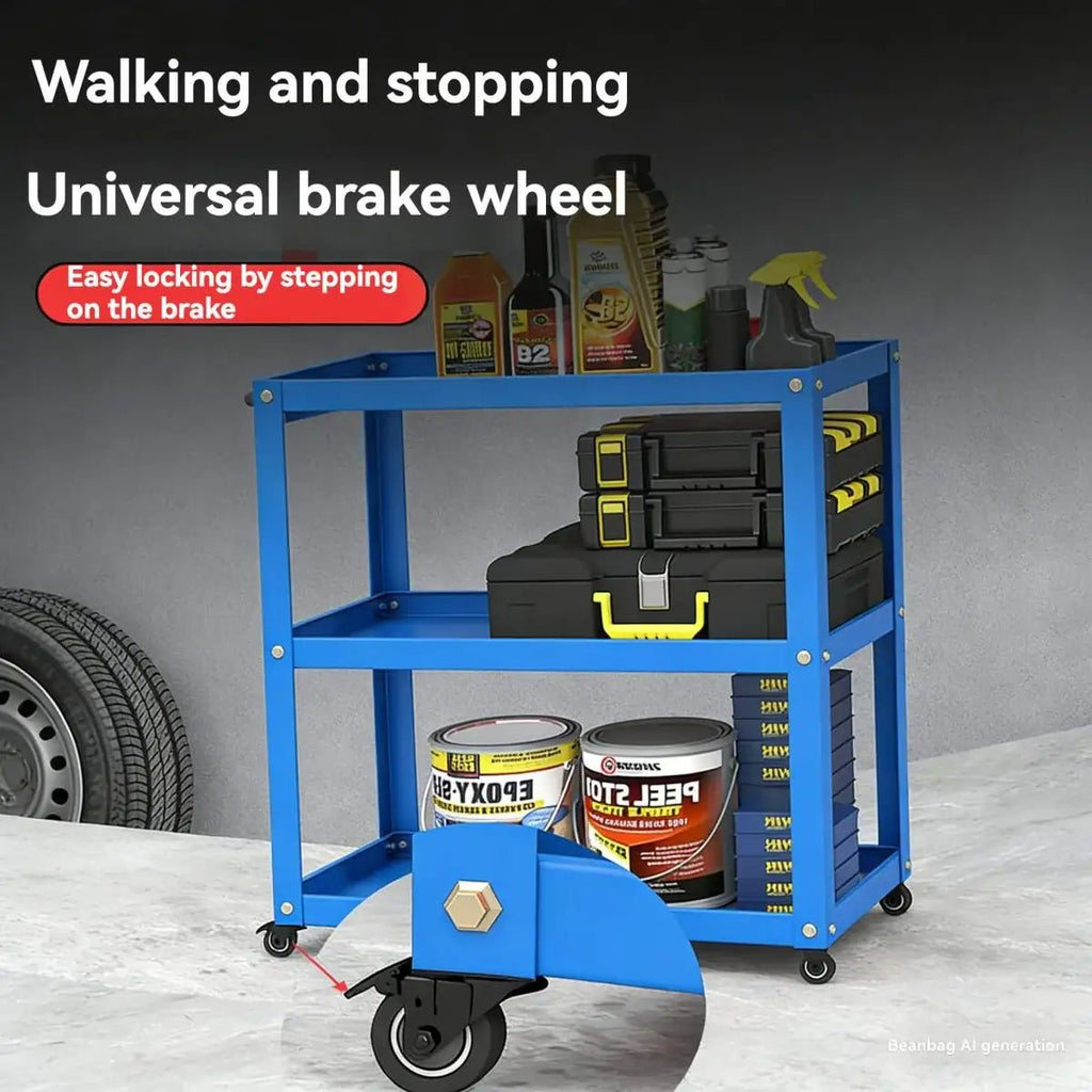Blue three-tier workshop utility cart in garage with universal locking brake caster detail