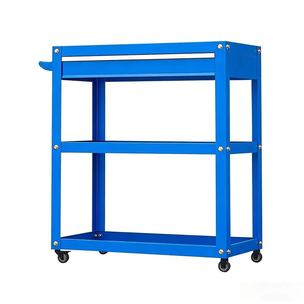 Front view of GJC09-GJC20 blue metal tool cart with three open shelves and four caster wheels
