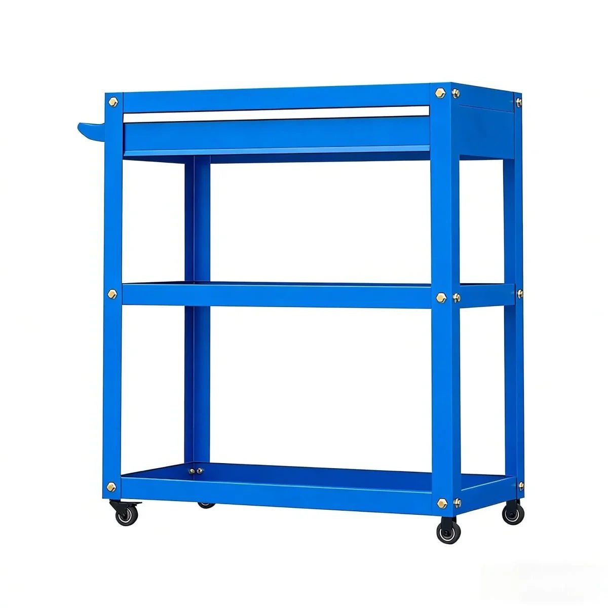 Front view of GJC09-GJC20 blue metal tool cart with three open shelves and four caster wheels