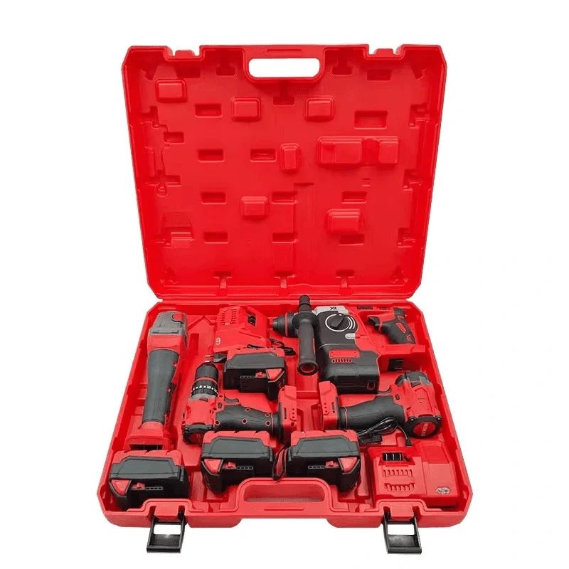 Portable cordless electric tool kit with rechargeable battery tools and storage case