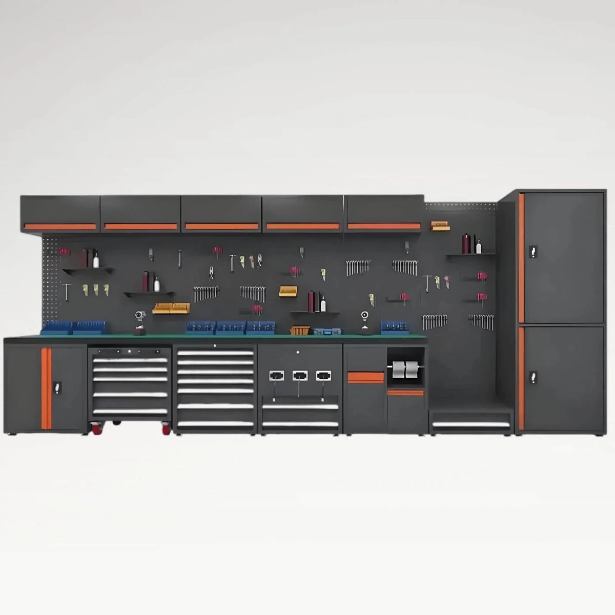 LANSHUO HYD-03 modular black and orange workshop cabinet system with workbench, drawers and tall storage units