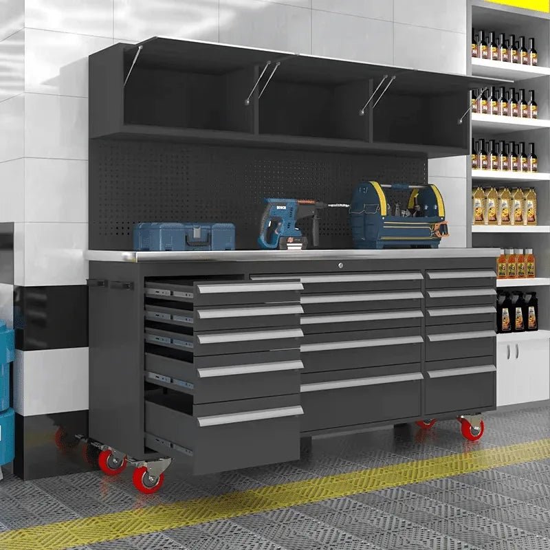 Mobile HYD-03 multi-drawer workshop workbench with black cabinets, orange trim and caster wheels