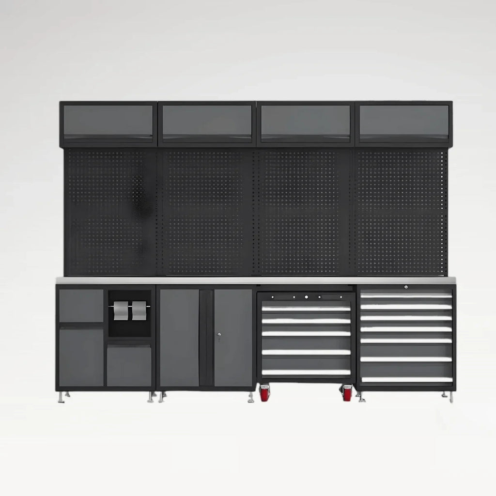 Front view of HYD-03 industrial tool storage system with pegboards, cabinets and rolling drawer banks