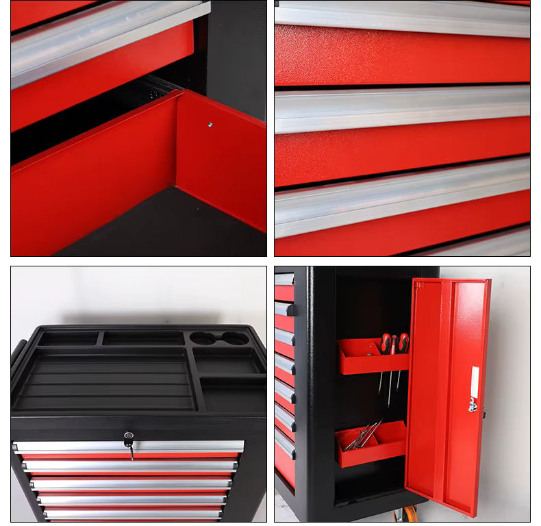 GJC01-GJC31 rolling tool cabinet detail showing drawer storage, molded top tray and lockable side compartment