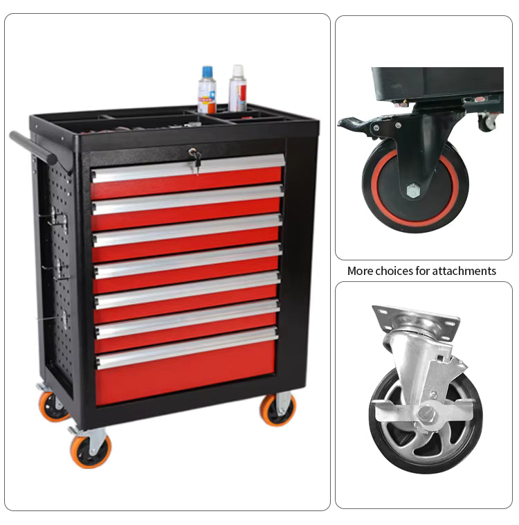 LANSHUO red rolling tool chest with closed drawers, side tool panel and optional heavy-duty caster wheels