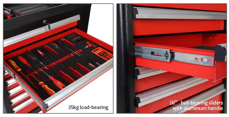 Rolling tool cabinet drawer organizer and ball-bearing slide details for heavy workshop tools