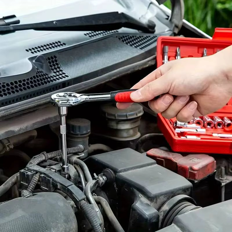 Socket and ratchet wrench set used for car engine repair and maintenance work