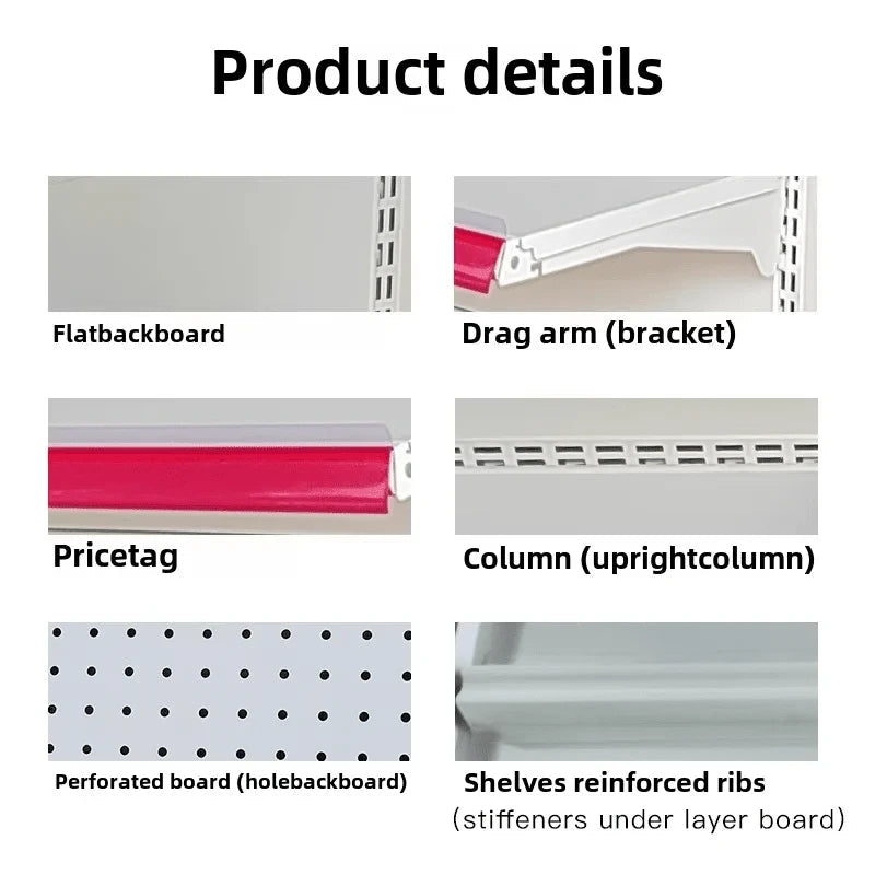 PBD-21 supermarket shelf component details including backboard, brackets, price tags and upright columns