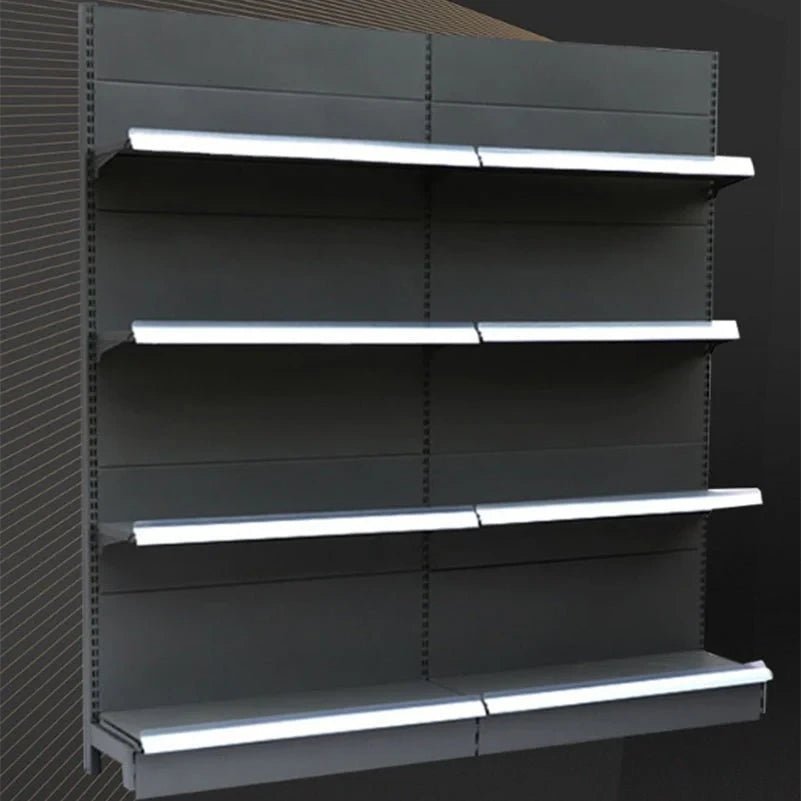 Front view of black PBD-21 retail gondola shelving with four adjustable shelves and white price rails