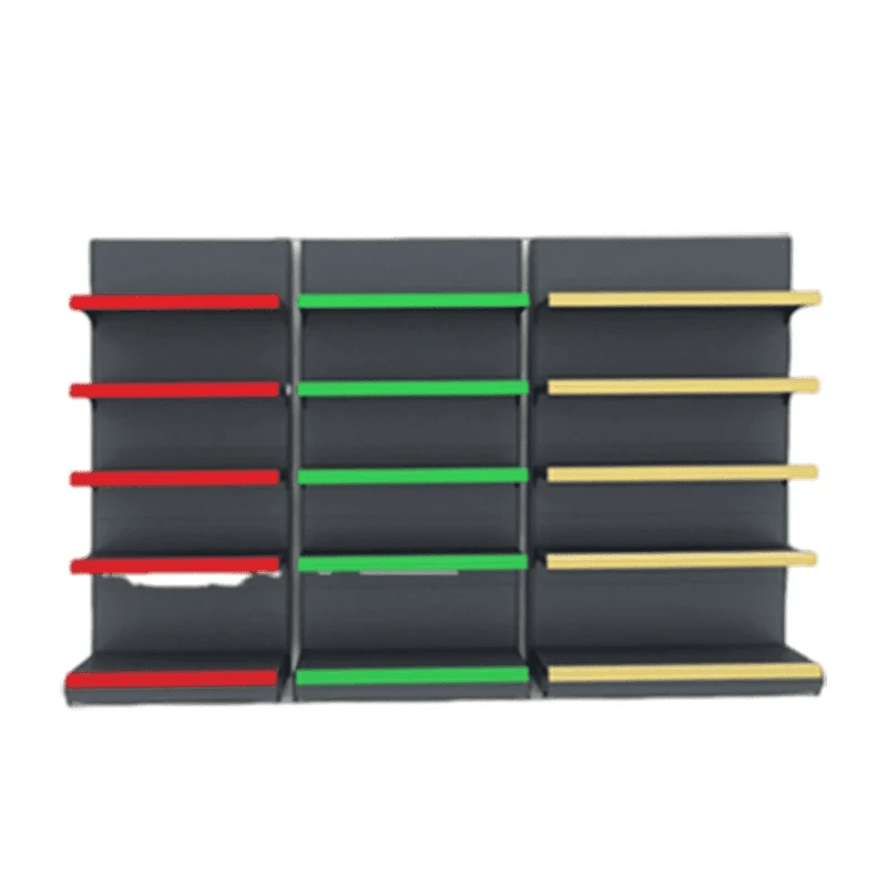 Three connected PBD-21 supermarket shelving bays with red, green and yellow shelf edge rails
