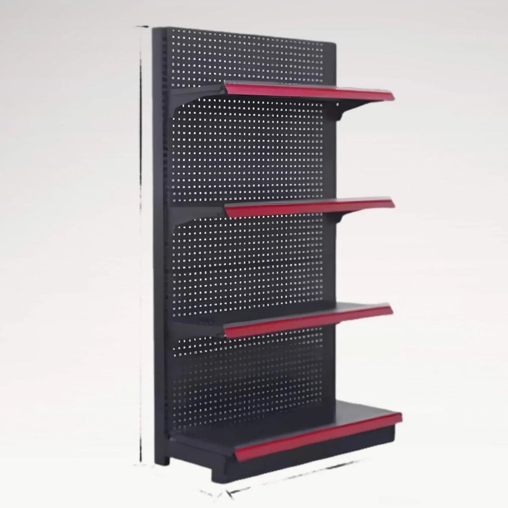 LANSHUO PBD-21 black single-sided supermarket shelving with perforated back panel and red shelf trim