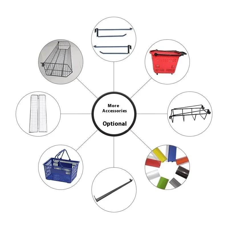 Optional accessories for PBD-21 retail shelving including baskets, hooks, rails and display bins