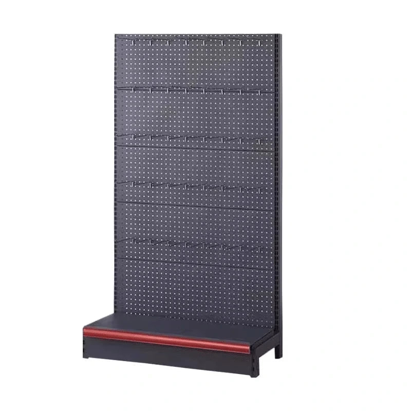 PBD-21 single-sided retail display frame with black perforated backboard and red base shelf