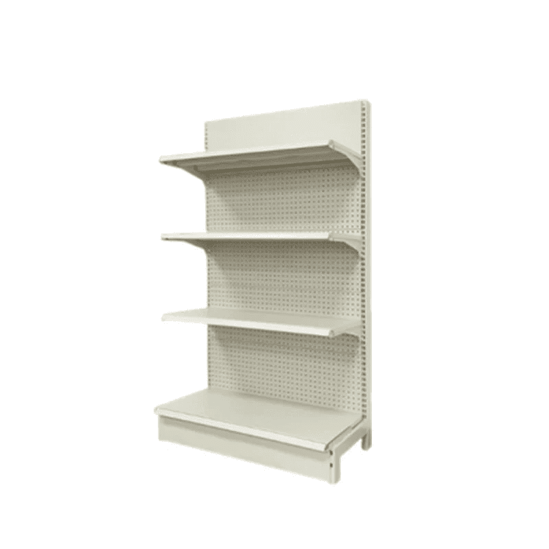White PBD-21 single-sided supermarket gondola shelving with four adjustable display shelves
