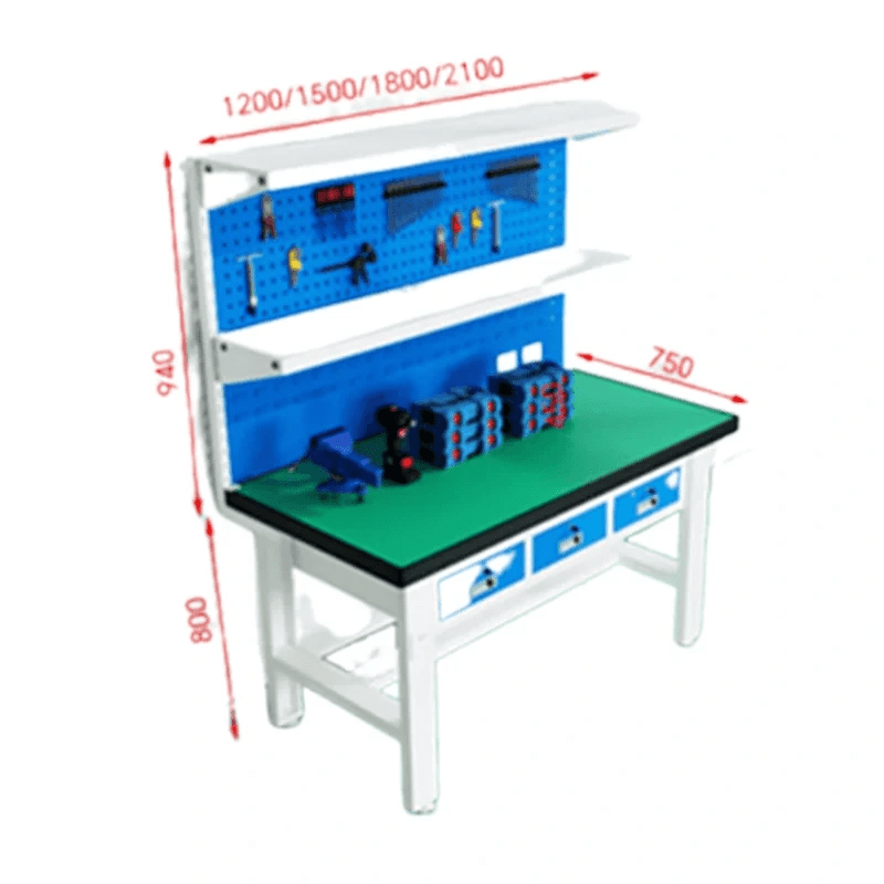 Blue and green PBD-26 workshop bench with dual pegboard shelves and illustrated size options