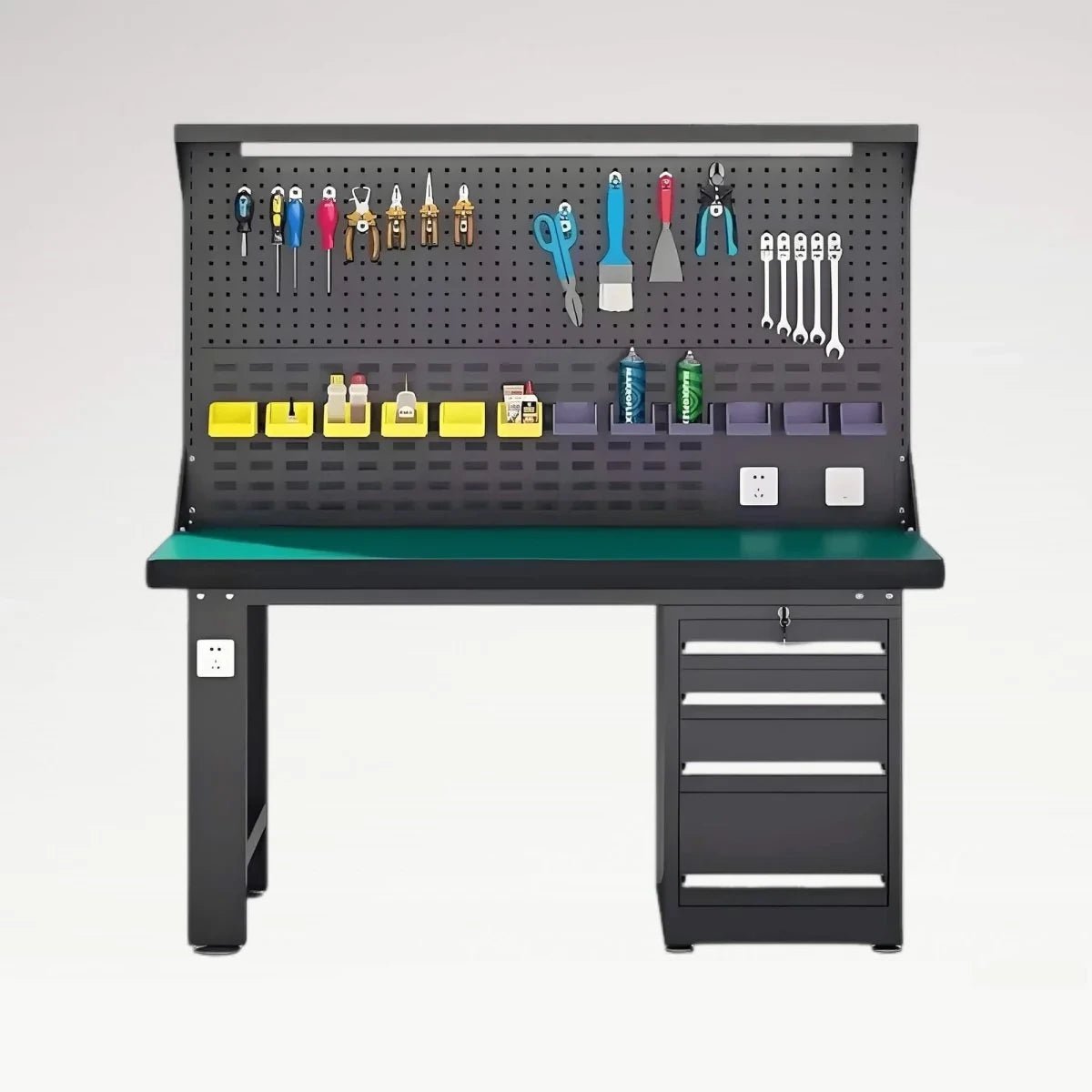 LANSHUO PBD-26 industrial workbench with black pegboard, green worktop, tool bins and drawer cabinet